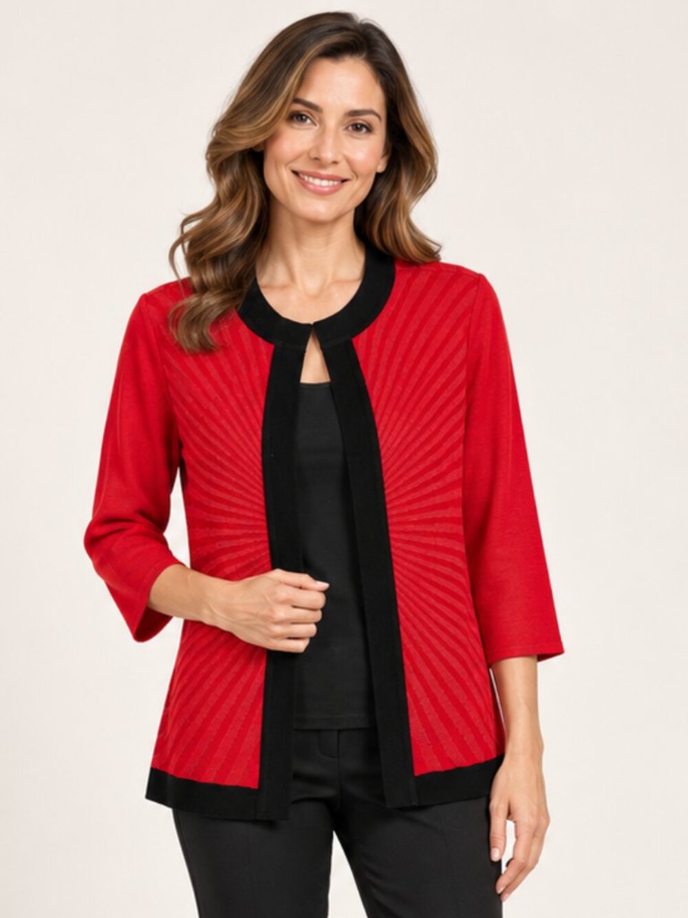 Ming Wang Women's Small Red Black Sunburst Knit 3/4 Sleeve Cardigan